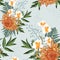 Seamless pattern. Beautiful orange blooming flowers. Vintage light blue background.