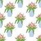 Seamless pattern with beautiful pot vase with fresh tulip flowers on white background. Hand drawn vector cartoon flat sketch