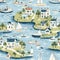 A seamless pattern that beautifully captures a picturesque riverside setting