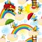 Seamless pattern with bee on rainbow