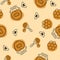 Seamless pattern. Beekeeping product. Included bee, honey, dipper, honeycomb, beehive and flower on olive background.