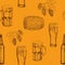 Seamless pattern of beer glasses, mugs, bottles, hop cones and leaves, wooden barrels. Hand drawn illustration