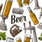 Seamless pattern beer tap, class, can, bottle and hop.