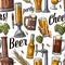 Seamless pattern beer tap, hand hold glass, bottle and hop