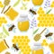 Seamless pattern with bees, flowers and honeycomb. Colorful summer texture.