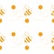 Seamless pattern with bees and honeycombs on white background. Small wasp. Vector illustration. Adorable cartoon