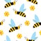 Seamless pattern with bees and yellow honeycomb flowers on a white background