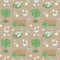 Seamless pattern beige background with tree, bushes, insect house, cup,wild flowers daffodils, chamomile, forget-me-nots and green