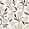 Seamless pattern with beige flowers and black leaves. Vector illustration.