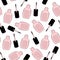 Seamless pattern beige nail polish, an open bottle, brush. Hand drawing. Vector illustration. white background.