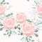 Seamless pattern with beige roses with herbs and eucalyptus.