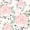 Seamless pattern with beige roses with herbs, fern and berries.