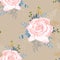 Seamless pattern with beige roses with yellow herbs and blue succulent.