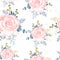 Seamless pattern with beige roses with yellow herbs and blue succulent.