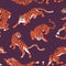 Seamless pattern with Bengal tigers. Repeating background with angry wild feline animal in motion, crawling and roaring