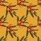 Seamless pattern with berries and branches of sea buckthorn. Sea buckthorn on a yellow background. Fashionable textile, fabric, pa