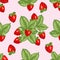 Seamless pattern with berries and leaves of bright strawberries, great summer background for packaging design, fabrics, paper,