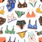 Seamless pattern with bikini and swimsuit. Bright colorful summer backdrop with female bras and panties isolated on