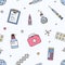 Seamless pattern with biomedical laboratory and medical research equipment. Backdrop with pills in jar and blister