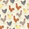 Seamless pattern with bird - rooster and chicken and grass