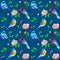 Seamless pattern with birds, bees and dog-rose flowers on blue background