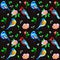 Seamless pattern with birds, bees and dog-rose flowers on dark background