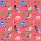 Seamless pattern with birds, bees and dog-rose flowers on pink background