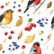 Seamless pattern with birds bullfinches, robin. Autumn leaves watercolor, isolated background, hand drawing