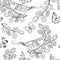 Seamless pattern with birds, butterflies and willow branches on a white background. Hand-drawn Vector Illustration. Spring nature