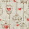 Seamless pattern with birds cage and hearts