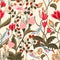 Seamless pattern birds flower allover design with background