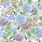 Seamless pattern with birds and flowers. Hydrangea. Rose. Lily. Petunia. Watercolor illustration.