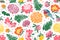 Seamless pattern with birds and flowers. Peony, chrysanthemum, clover, tulip, fern.