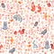 Seamless pattern with birds, owls, squirrel, raccoon, flowers and leaves on a white background.