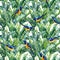 seamless pattern with birds starling and jungle palm leaves. Floral design. Watercolor tropical Hand painted