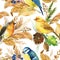 Seamless pattern with birds titmice, canaries robin. Autumn leaves watercolor, isolated background, digital paper