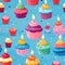 seamless pattern with birthday cakes and cupcakes with cream and candles on blue background