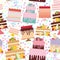 Seamless pattern Birthday, valentine`s day, wedding, engagement. Set sweet cake, Cake Stand, fresh fruits berries, chocolate icin