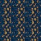 Seamless pattern with bitcoin cryptocurrency represented as gold coins on a dark blue background.