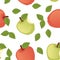 Seamless pattern of bitten apple with green leaves flat vector illustration on white background