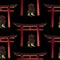 Seamless pattern on black background. Asian sculptural composition. Arch of Torii and the lion.