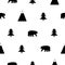 Seamless pattern with black bear, mountains and fir-tree on the