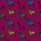 Seamless pattern, black dogs silhouettes with color dots, Dalmatian on purple background. Animal art design.