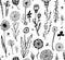 Seamless pattern with black doodle flowers on a white background. Hygge, boho style. Vector illustration. design element