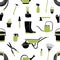 Seamless pattern with black and green gardening tools on white background. Backdrop with equipment for crops cultivation