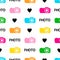 Seamless pattern with black hearts, words photo, colorful camera