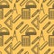 Seamless pattern with black line art icon of ruler, compasses, pencil and calculator on yellow background.