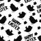 Seamless pattern with black silhouette chick`s, flowers. Lettering Happy Easter. Simple print