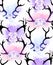 Seamless pattern with black silhouettes of deer and elk horns with flowers and gently watercolor splashes on white background.
