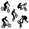 Seamless pattern of black silhouettes of sportsmen with a bike in five different poses isolated on white transparent